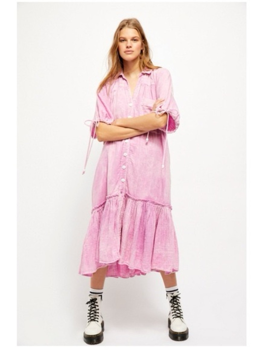Free people Maya Shirt Dress Pink Button-Front Tiered Midi Dress boho